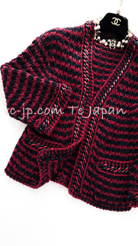 CHANEL 18PS Red Navy Striped Chain Trimming Knit Cardigan 36 38 シャネル レッド ネイビー ストライプ  チェーントリミング ニット カーディガン 即発