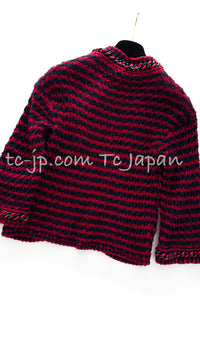 CHANEL 18PS Red Navy Striped Chain Trimming Knit Cardigan 36 38 シャネル レッド ネイビー ストライプ  チェーントリミング ニット カーディガン 即発
