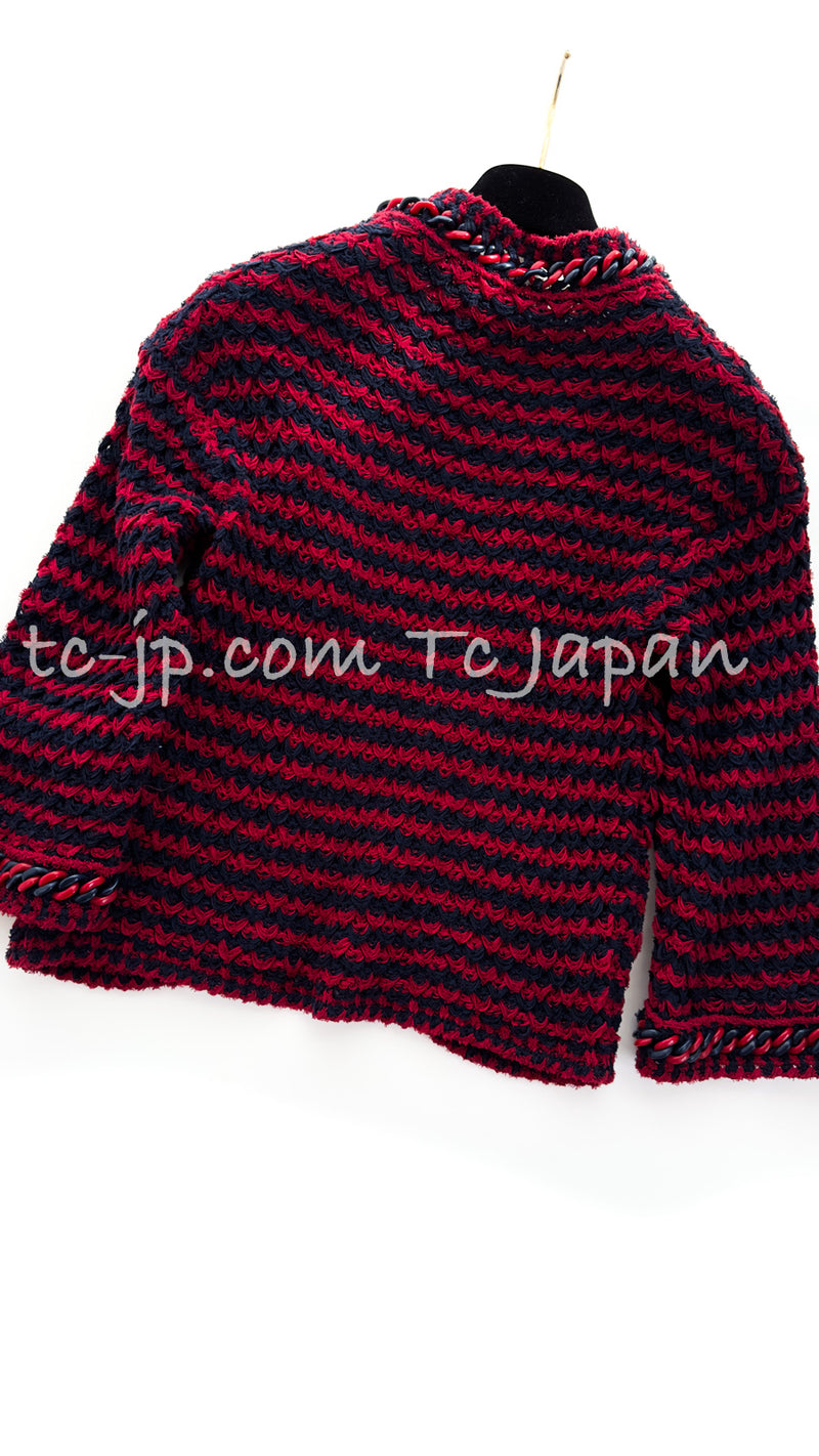 CHANEL 18PS Red Navy Striped Chain Trimming Knit Cardigan 36 38 シャネル レッド ネイビー ストライプ  チェーントリミング ニット カーディガン 即発