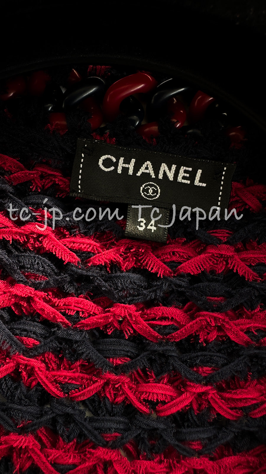 CHANEL 18PS Red Navy Striped Chain Trimming Knit Cardigan 36 38 シャネル レッド ネイビー ストライプ  チェーントリミング ニット カーディガン 即発