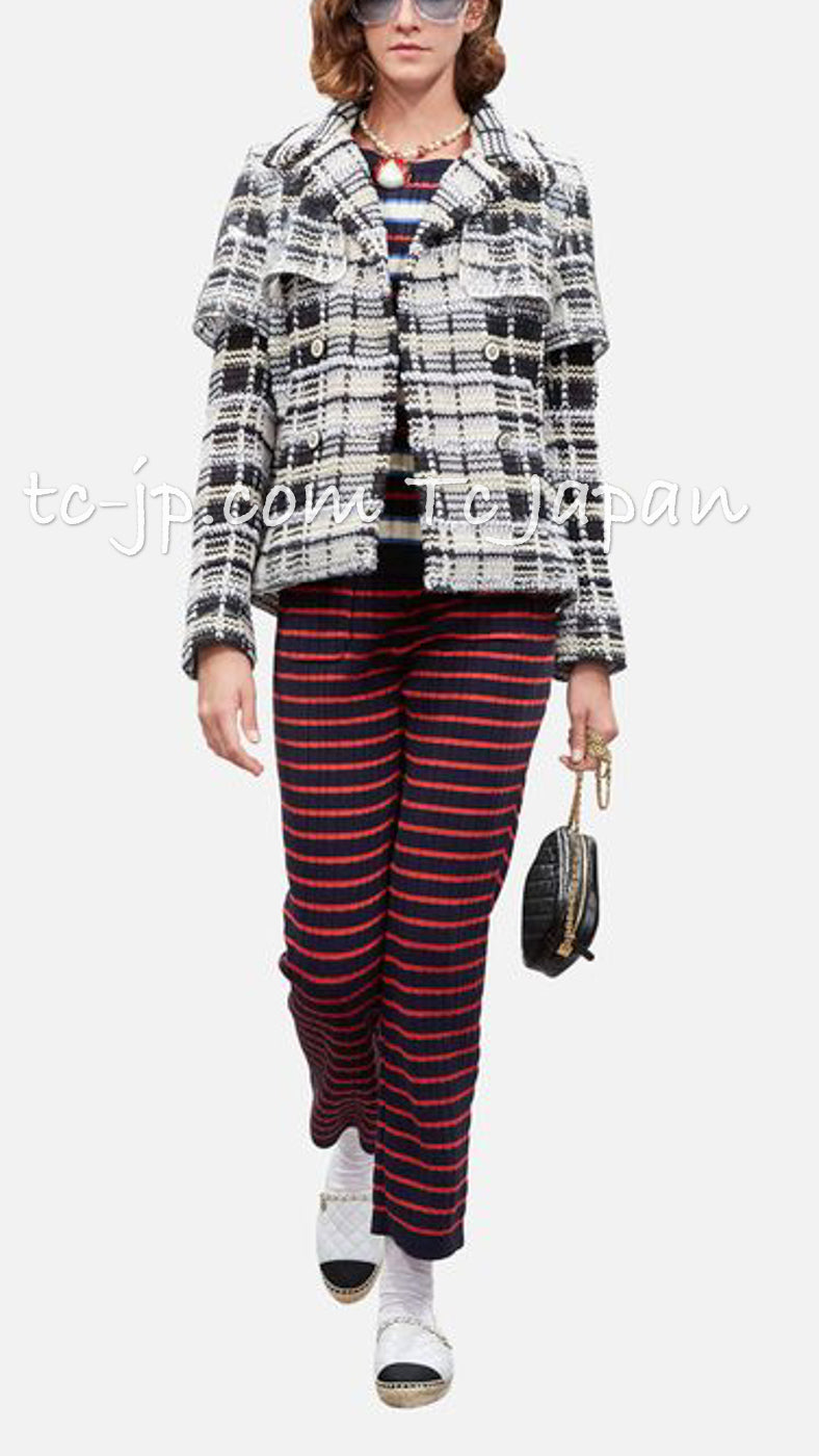 シャネル カーディガン CHANEL レッド ネイビー ストライプ チェーン