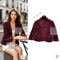 CHANEL 18PS Red Navy Striped Chain Trimming Knit Cardigan 36 38 シャネル レッド ネイビー ストライプ チェーントリミング ニット カーディガン 即発