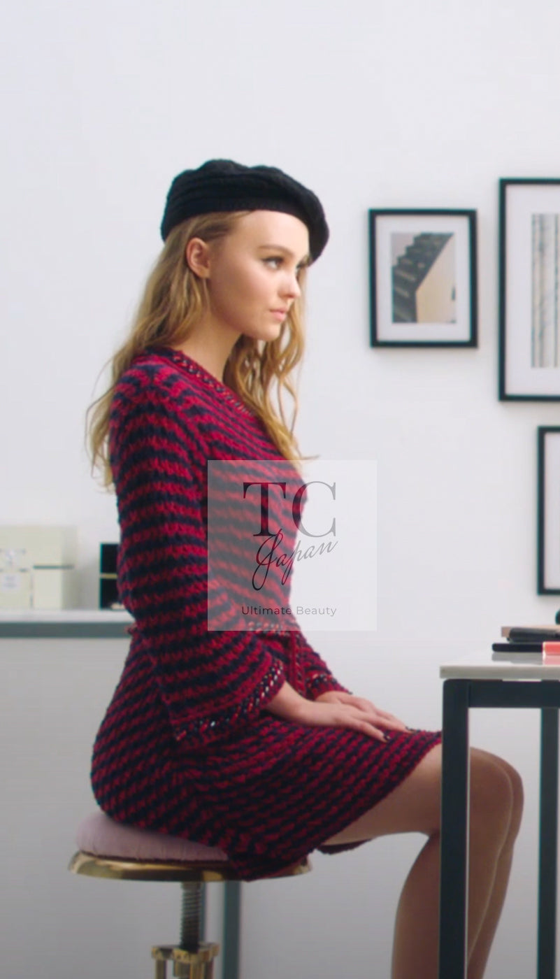 シャネル カーディガン CHANEL レッド ネイビー ストライプ チェーン