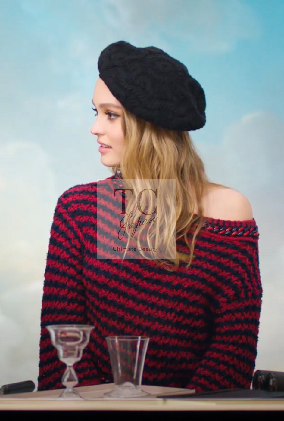シャネル カーディガン CHANEL レッド ネイビー ストライプ チェーン