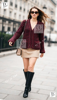 CHANEL 18PS Red Navy Striped Chain Trimming Knit Cardigan 36 38 シャネル レッド ネイビー ストライプ チェーントリミング ニット カーディガン 即発