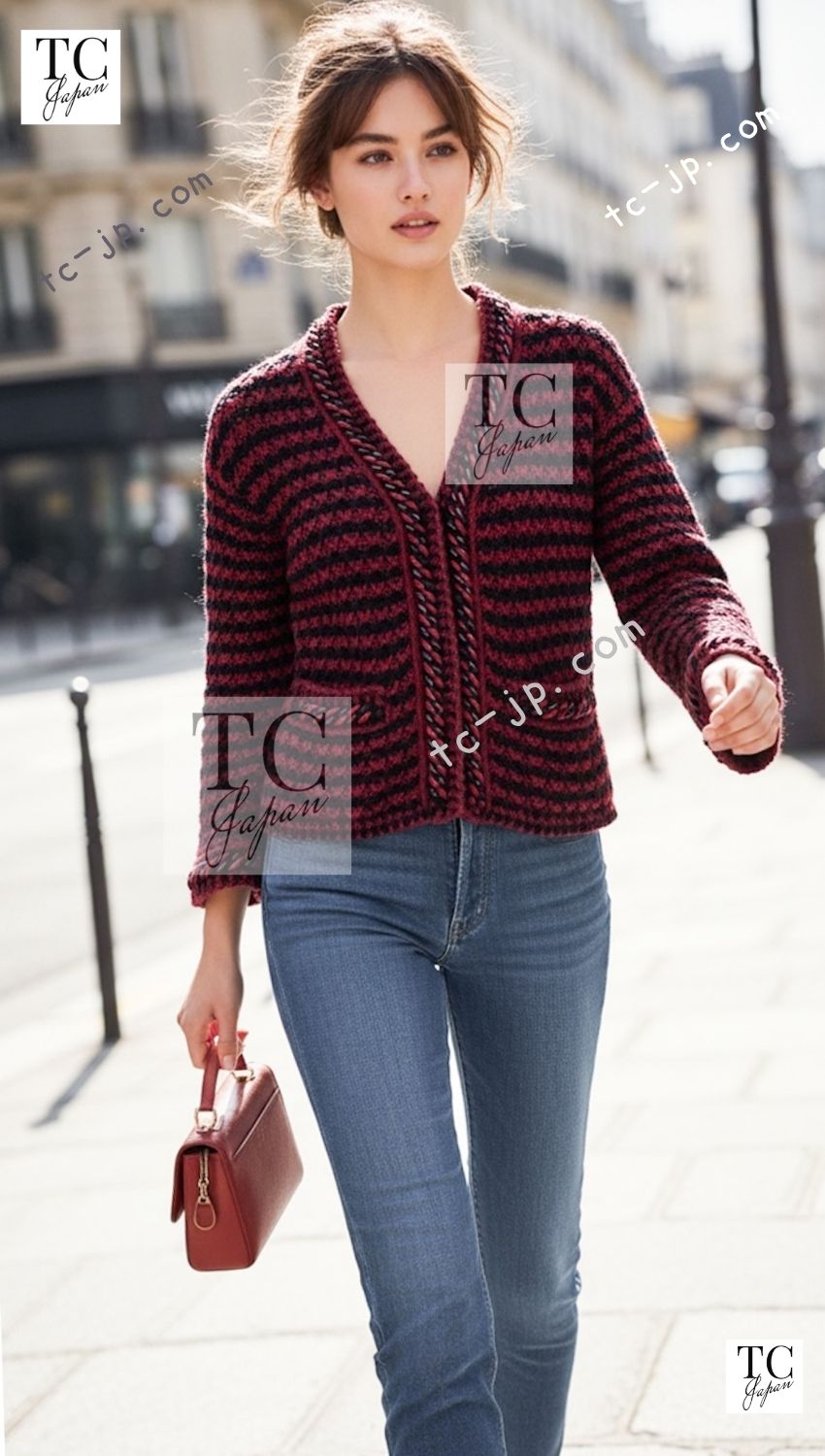 CHANEL 18PS Red Navy Striped Chain Trimming Knit Cardigan 36 38 シャネル レッド ネイビー ストライプ チェーントリミング ニット カーディガン 即発
