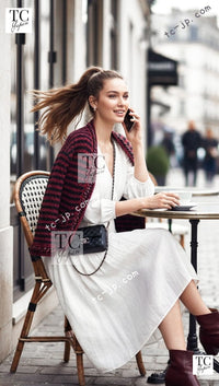 CHANEL 18PS Red Navy Striped Chain Trimming Knit Cardigan 36 38 シャネル レッド ネイビー ストライプ チェーントリミング ニット カーディガン 即発