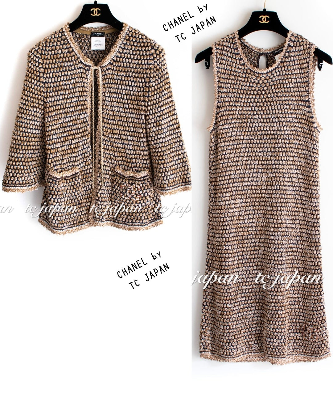 CHANEL 11S Champagne Gold Navy Knit Cardigan Dress 38 シャネル シャンパンゴールド ネイビー 女優の ニット カーディガン ワンピース 即発
