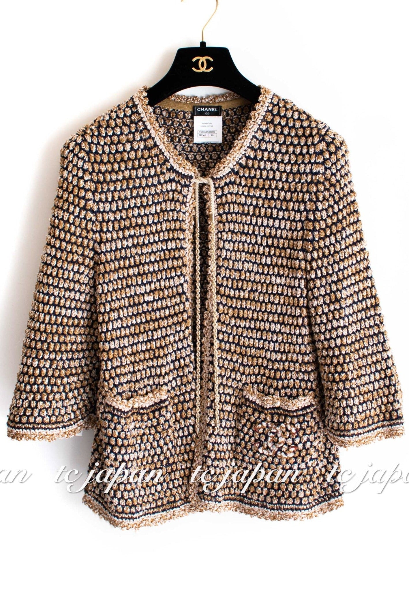 CHANEL 11S Champagne Gold Navy Knit Cardigan Dress 38 シャネル シャンパンゴールド ネイビー 女優の ニット カーディガン ワンピース 即発