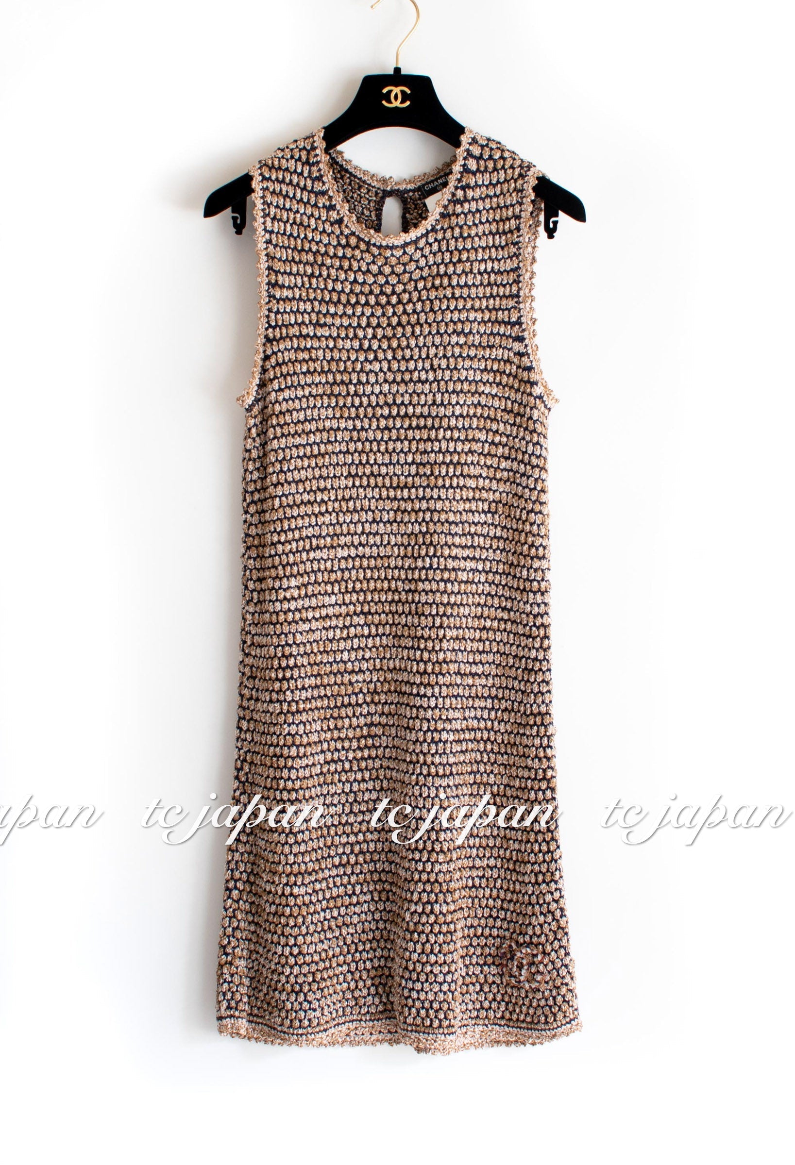 CHANEL 11S Champagne Gold Navy Knit Cardigan Dress 38 シャネル シャンパンゴールド ネイビー 女優の ニット カーディガン ワンピース 即発