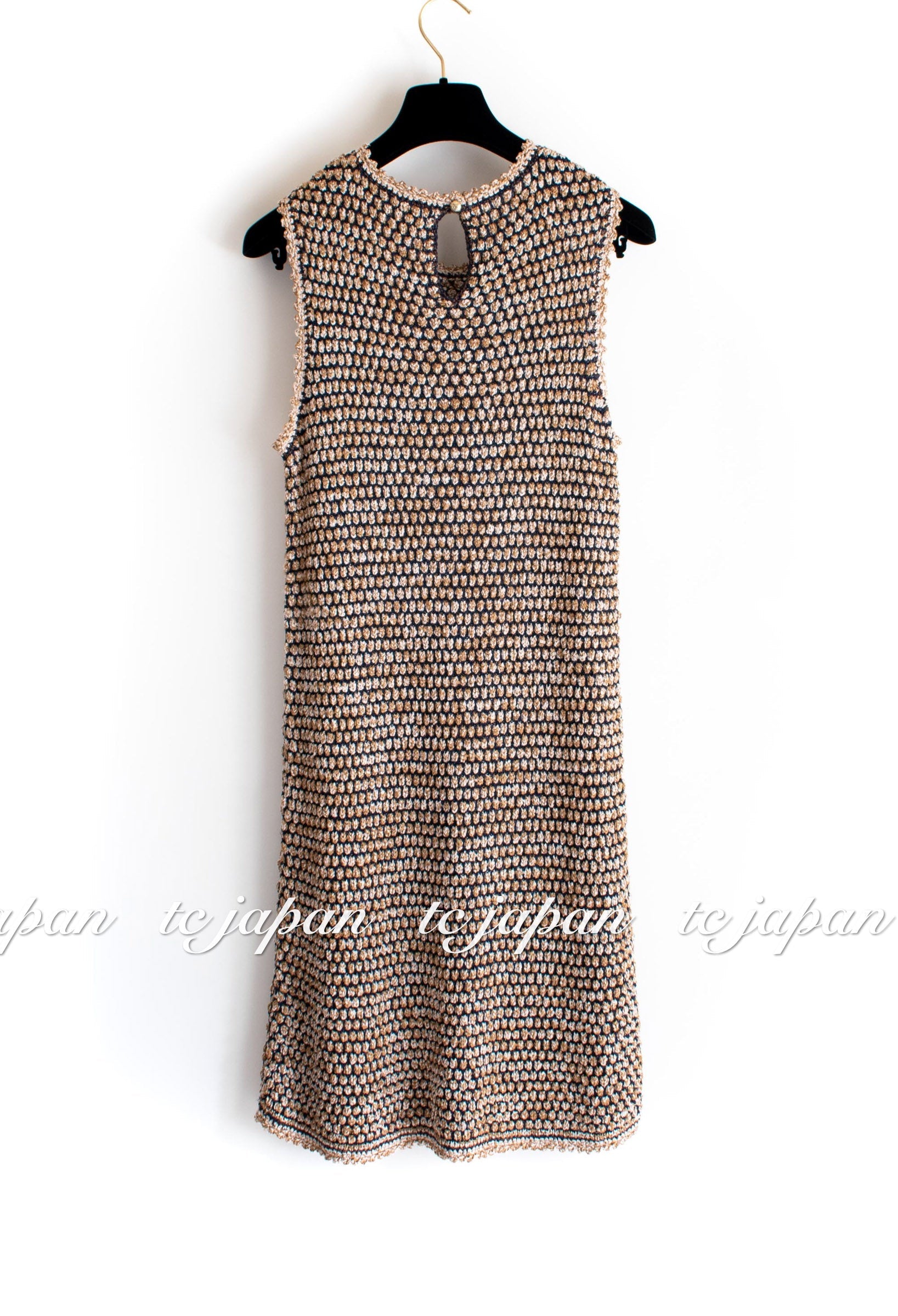 CHANEL 11S Champagne Gold Navy Knit Cardigan Dress 38 シャネル シャンパンゴールド ネイビー 女優の ニット カーディガン ワンピース 即発