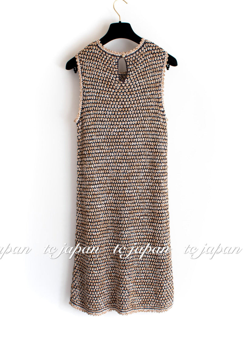 CHANEL 11S Champagne Gold Navy Knit Cardigan Dress 38 シャネル シャンパンゴールド ネイビー 女優の ニット カーディガン ワンピース 即発