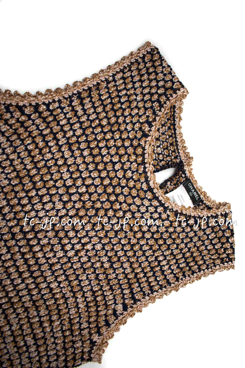 CHANEL 11S Champagne Gold Navy Knit Cardigan Dress 38 シャネル シャンパンゴールド ネイビー 女優の ニット カーディガン ワンピース 即発