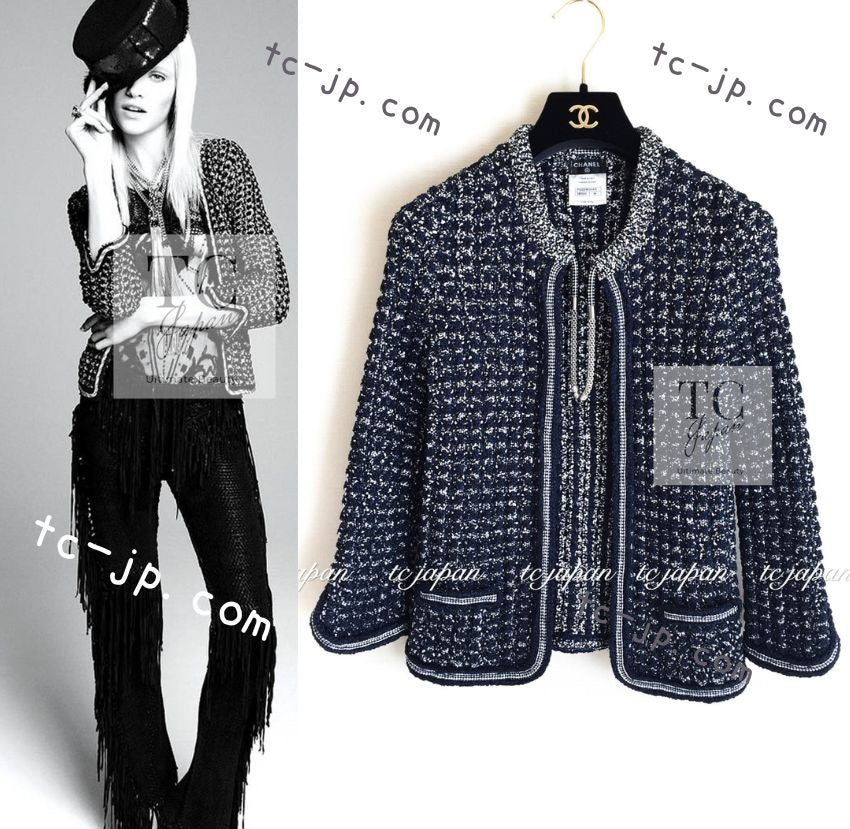 CHANEL 12S Navy Black Chain Cotton Knit Cardigan 36 シャネル ネイビー ブラック チェーン コットン ニット カーディガン 即発