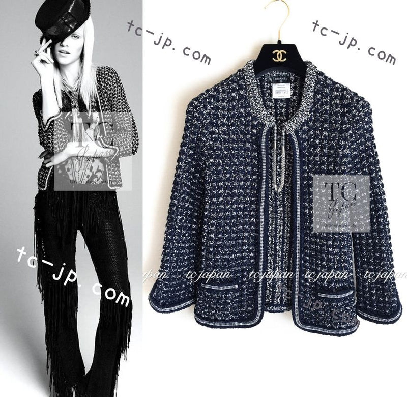 CHANEL 12S Navy Black Chain Cotton Knit Cardigan 36 シャネル ネイビー ブラック チェーン コットン ニット カーディガン 即発