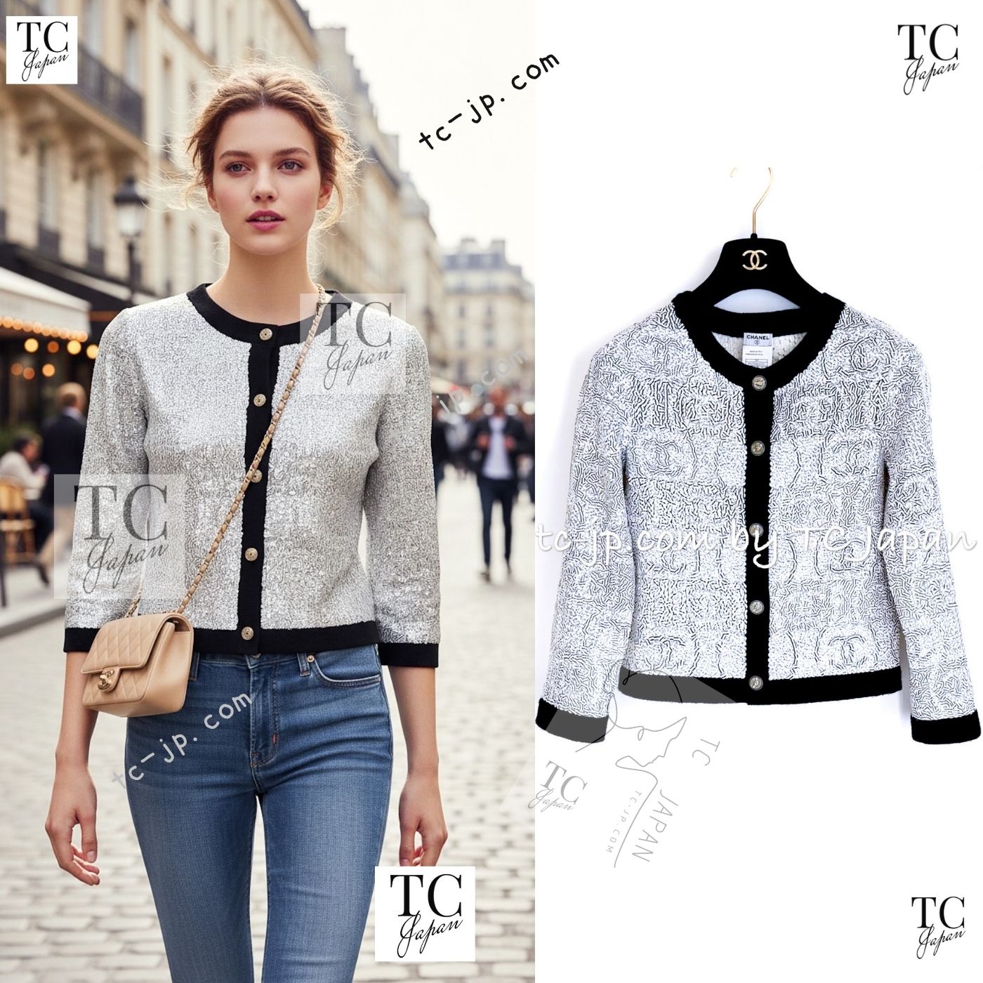 CHANEL 08S White Black CC Logo Sequins Cashmere Cardigan 38 シャネル ホワイト ブラック CC ロゴ スパンコール カシミア カーディガン 即発
