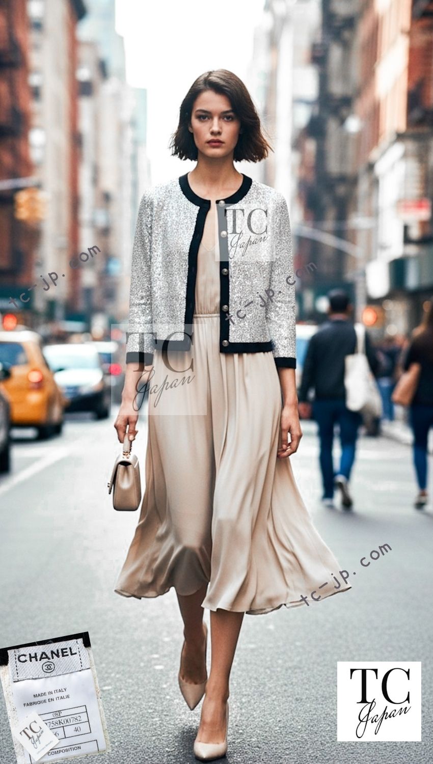 CHANEL 08S White Black CC Logo Sequins Cashmere Cardigan 38 シャネル ホワイト ブラック CC ロゴ スパンコール カシミア カーディガン 即発