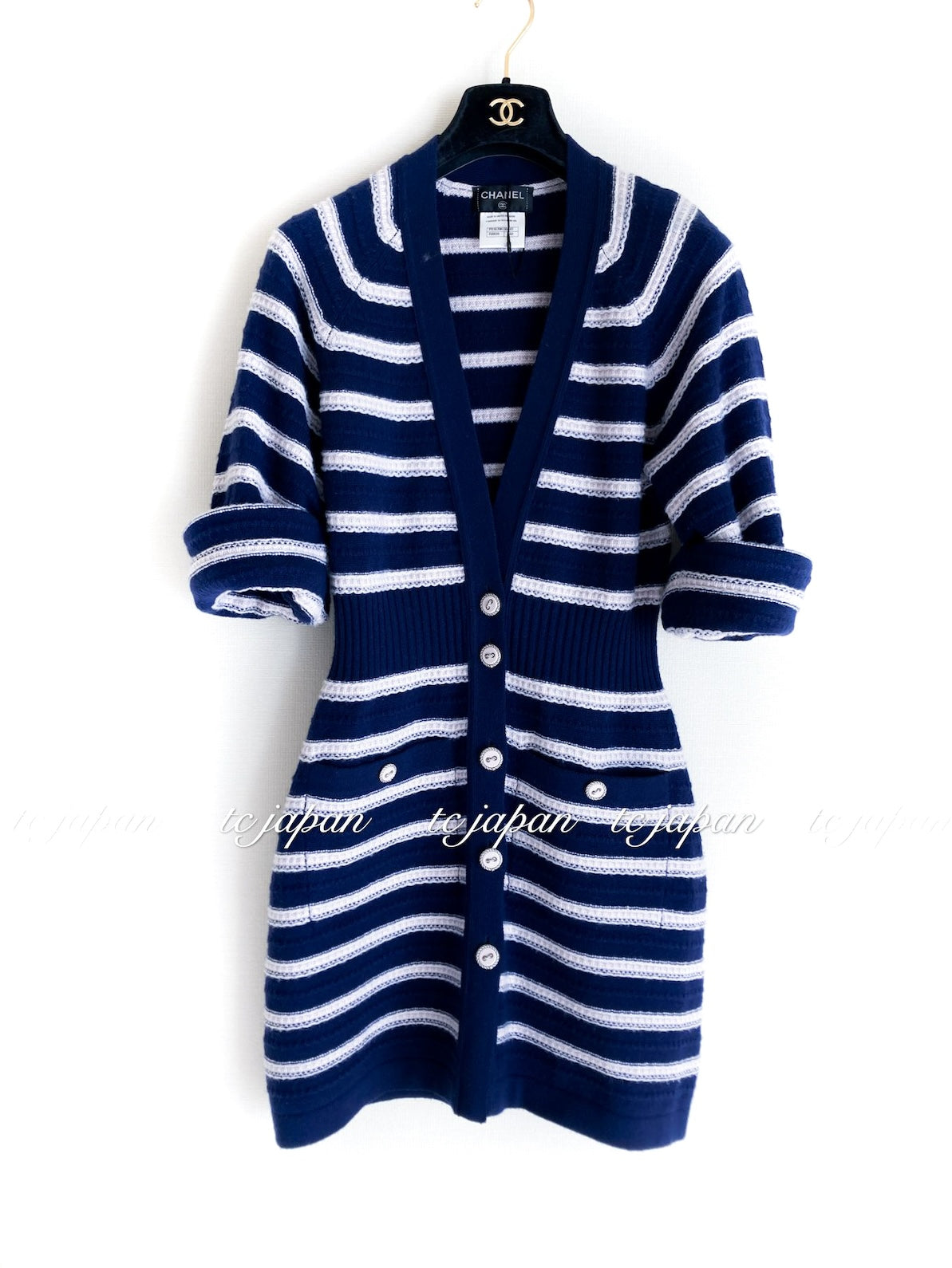 CHANEL 15S Blue Stripe Cashmere Knit Dress Cardigan 38 シャネル ブルー ストライプ カシミア 100% ニット ワンピース カーディガン 即発