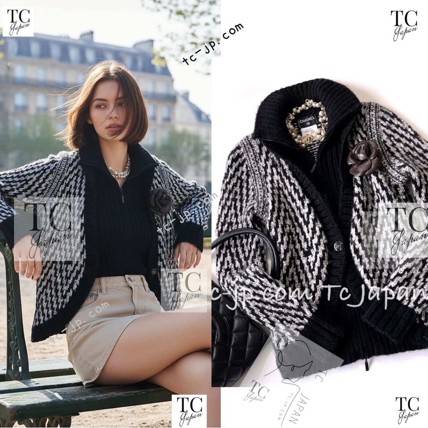 CHANEL 10A Black Ivory Wool Mohair Alpaca Knit Cardigan 34 シャネル ブラック アイボリー モヘア アルパカ ウール カーディガン 即発