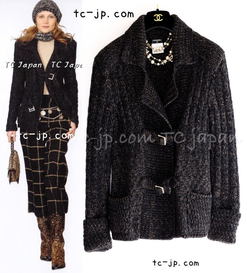 CHANEL 09A Black Brown Metallic Cashmere Wool Mohair Knit Jacket Cardigan 38 シャネル ブラック ブラウン カシミア ウール モヘア ニット ジャケット カーディガン 即発