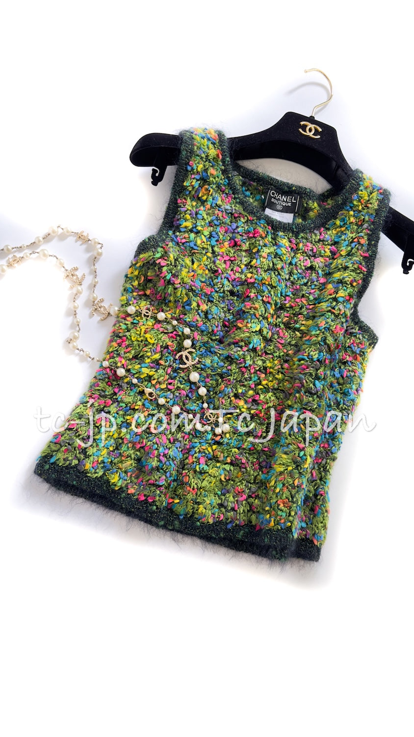 CHANEL 97A Vintage Green Multicolor Fantasy Knit Tops 38 40 シャネル ヴィンテージ グリーン マルチカラー ファンタジー ニット タンクトップ トップス