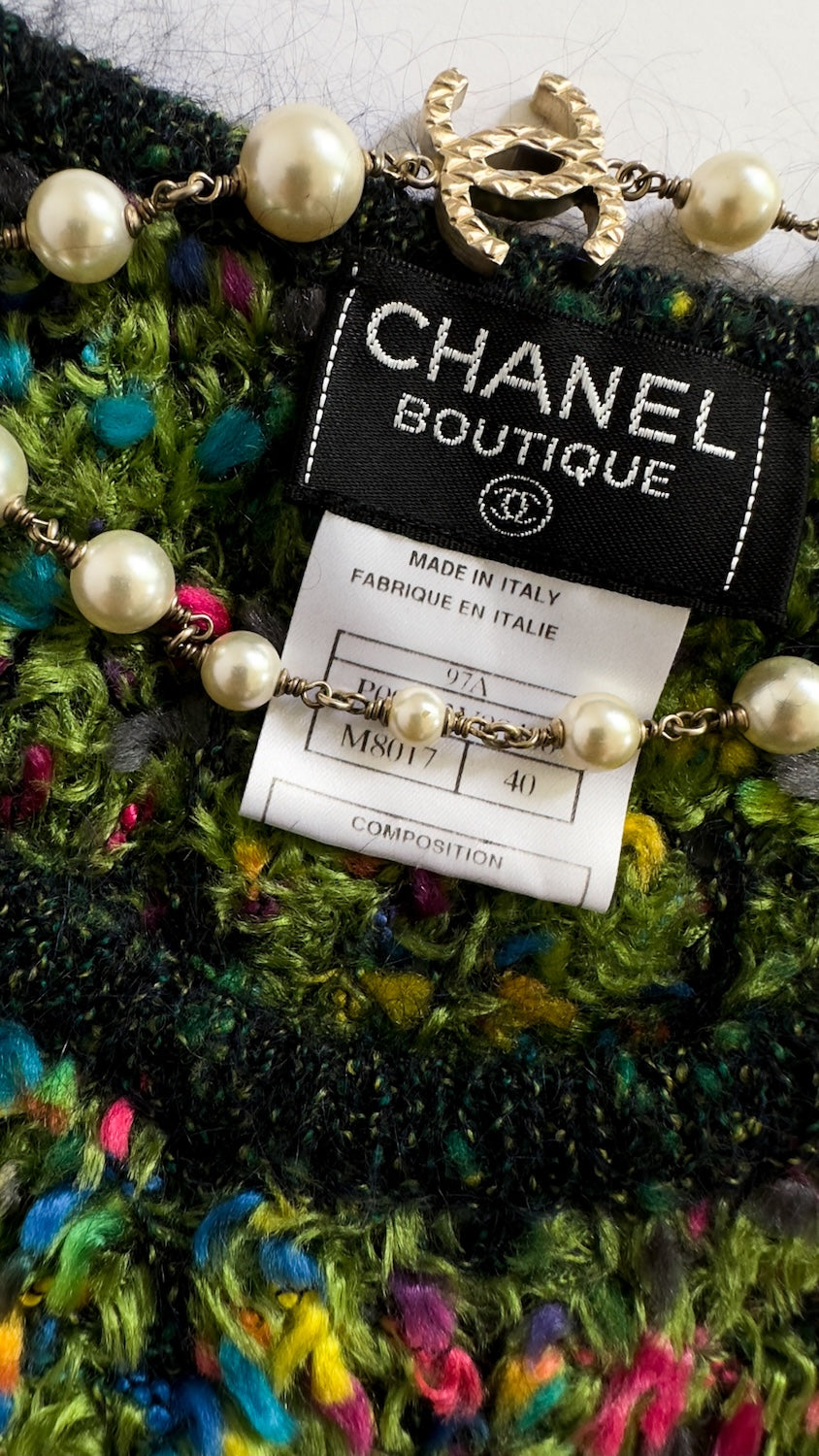 CHANEL 97A Vintage Green Multicolor Fantasy Knit Tops 38 40 シャネル ヴィンテージ グリーン マルチカラー ファンタジー ニット タンクトップ トップス
