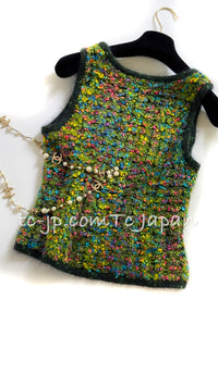 CHANEL 97A Vintage Green Multicolor Fantasy Knit Tops 38 40 シャネル ヴィンテージ グリーン マルチカラー ファンタジー ニット タンクトップ トップス