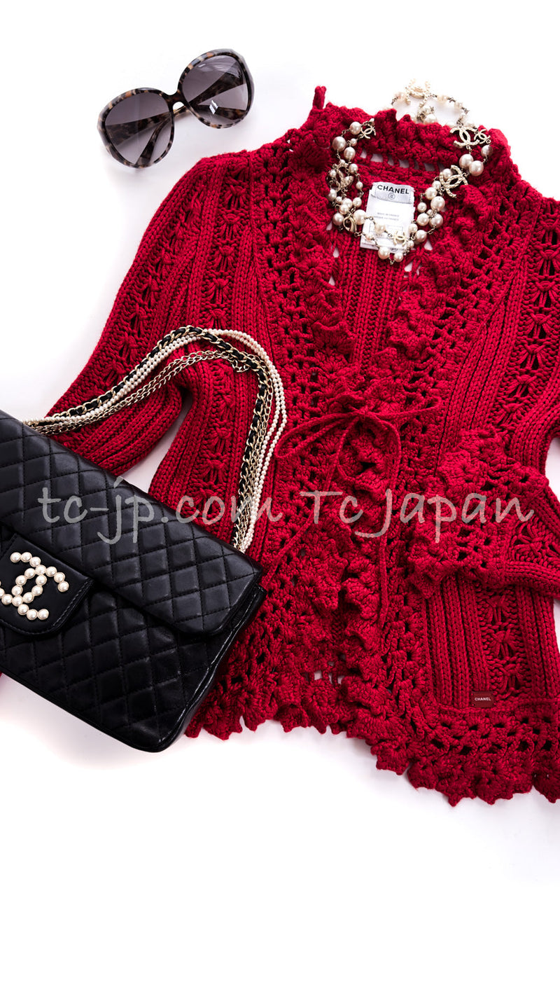 CHANEL 04S Red Crochet Frilled Knit Cardigan 38 40 シャネル レッド クロシェ フリル ニット カーディガン 即発