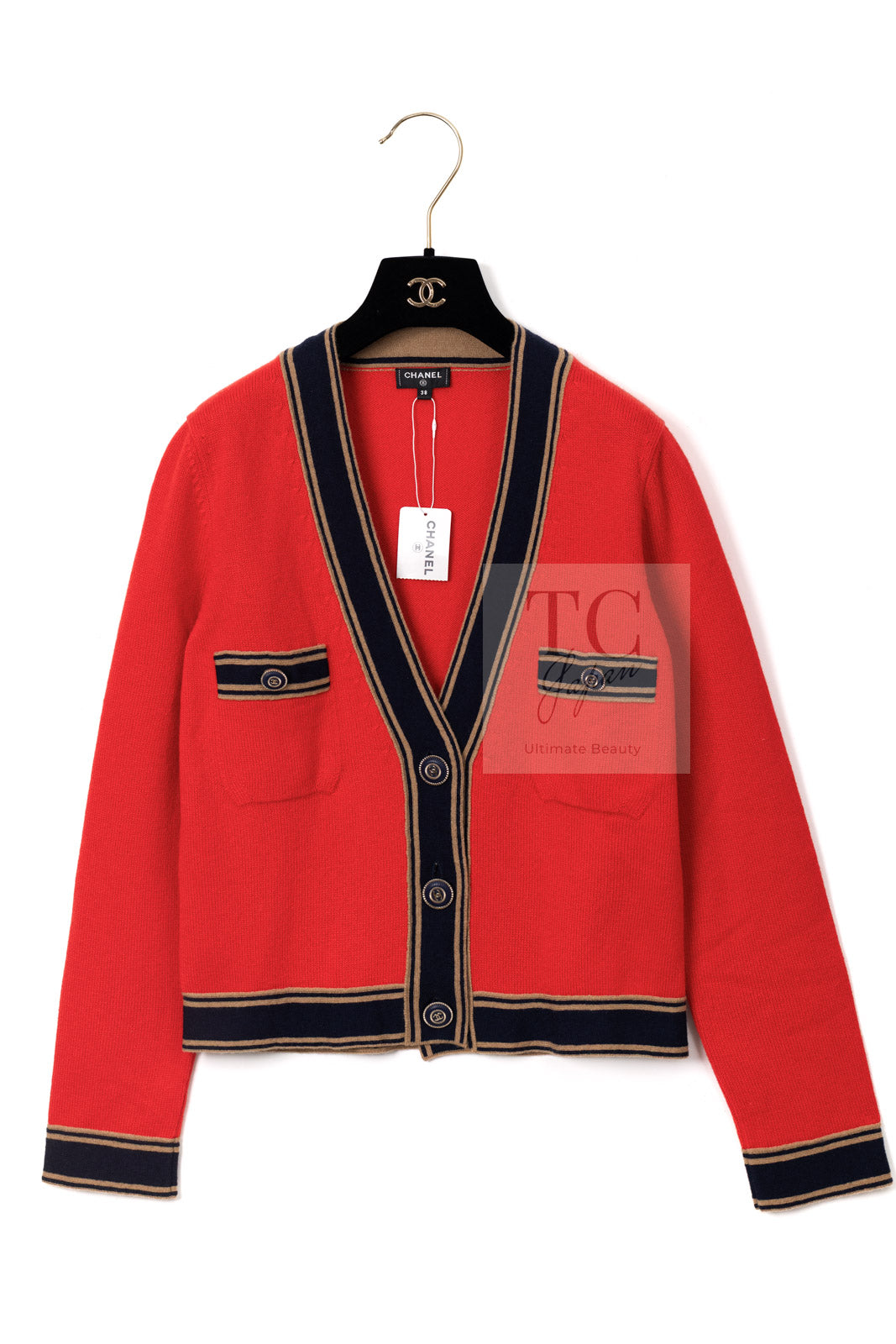 CHANEL 20C Coral Red Navy Brown Cashmere Knit Cardigan 38 シャネル コーラル レッド ネイビー ブラウン カシミア ニット カーディガン 即発