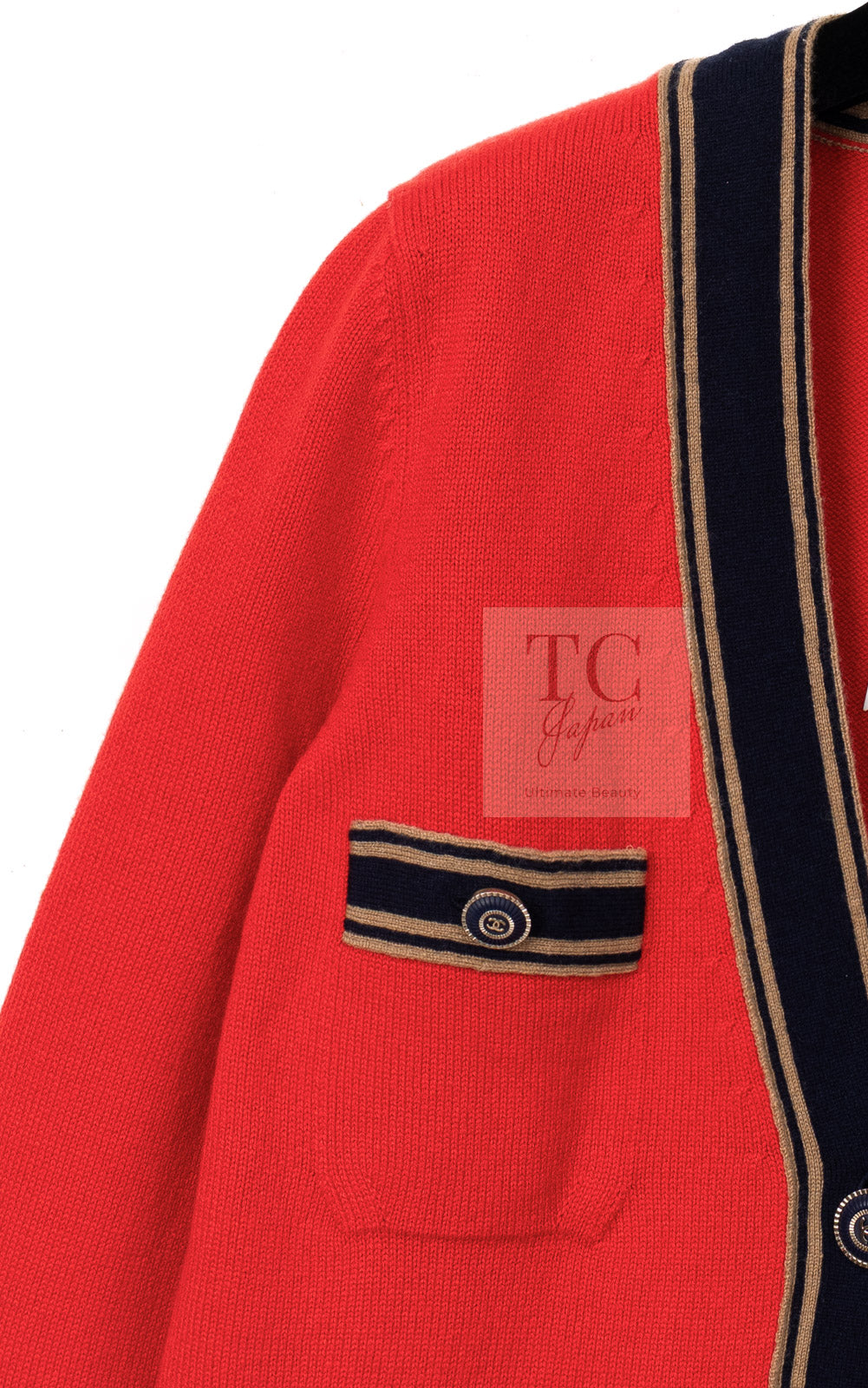 CHANEL 20C Coral Red Navy Brown Cashmere Knit Cardigan 38 シャネル コーラル レッド ネイビー ブラウン カシミア ニット カーディガン 即発