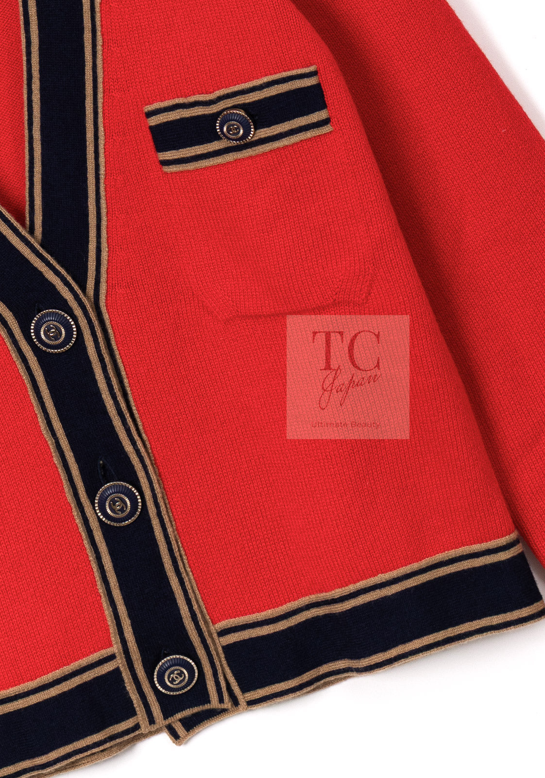 CHANEL 20C Coral Red Navy Brown Cashmere Knit Cardigan 38 シャネル コーラル レッド ネイビー ブラウン カシミア ニット カーディガン 即発