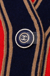 CHANEL 20C Coral Red Navy Brown Cashmere Knit Cardigan 38 シャネル コーラル レッド ネイビー ブラウン カシミア ニット カーディガン 即発