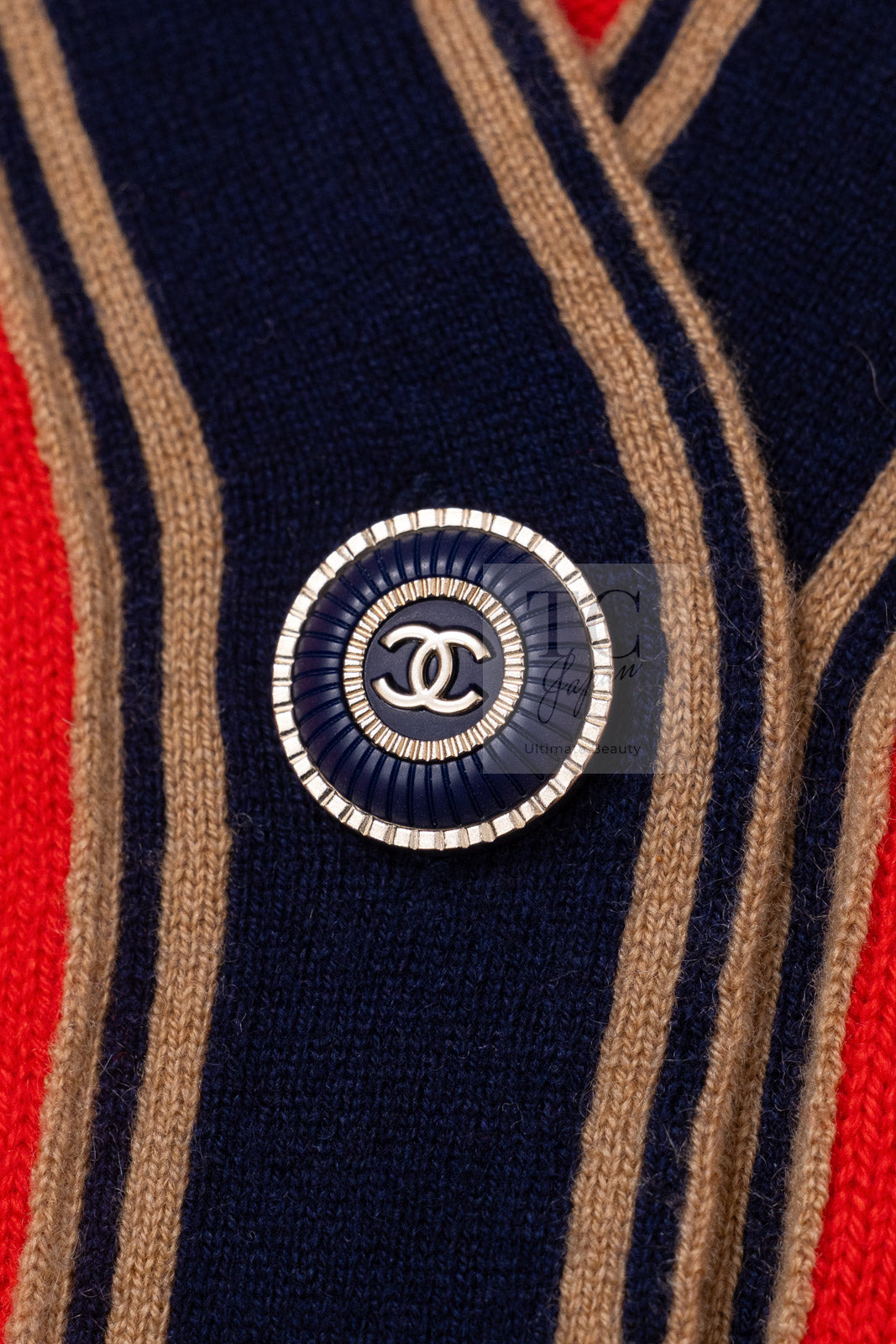 CHANEL 20C Coral Red Navy Brown Cashmere Knit Cardigan 38 シャネル コーラル レッド ネイビー ブラウン カシミア ニット カーディガン 即発