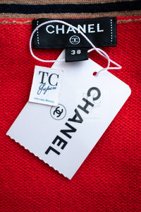 CHANEL 20C Coral Red Navy Brown Cashmere Knit Cardigan 38 シャネル コーラル レッド ネイビー ブラウン カシミア ニット カーディガン 即発