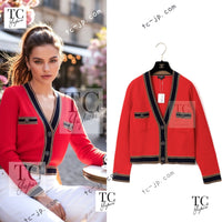 CHANEL 20C Coral Red Navy Brown Cashmere Knit Cardigan 38 シャネル コーラル レッド ネイビー ブラウン カシミア ニット カーディガン 即発