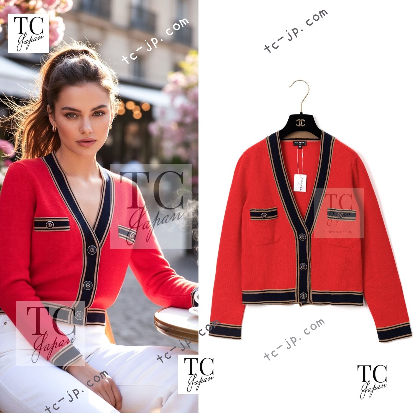 CHANEL 20C Coral Red Navy Brown Cashmere Knit Cardigan 38 シャネル コーラル レッド ネイビー ブラウン カシミア ニット カーディガン 即発