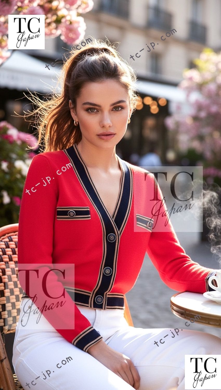 CHANEL 20C Coral Red Navy Brown Cashmere Knit Cardigan 38 シャネル コーラル レッド ネイビー ブラウン カシミア ニット カーディガン 即発