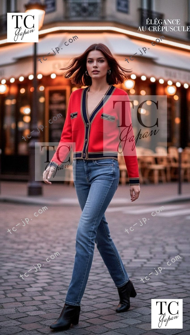 CHANEL 20C Coral Red Navy Brown Cashmere Knit Cardigan 38 シャネル コーラル レッド ネイビー ブラウン カシミア ニット カーディガン 即発