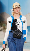 CHANEL 19S Ivory Blue Line Logo Cashmere Knit Cardigan 42 シャネル アイボリー ブルー バイカラー ロゴ カシミヤ 100% ニット カーディガン 即発