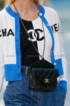 CHANEL 19S Ivory Blue Line Logo Cashmere Knit Cardigan 42 シャネル アイボリー ブルー バイカラー ロゴ カシミヤ 100% ニット カーディガン 即発