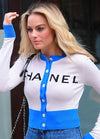CHANEL 19S Ivory Blue Line Logo Cashmere Knit Cardigan 42 シャネル アイボリー ブルー バイカラー ロゴ カシミヤ 100% ニット カーディガン 即発