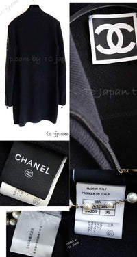 CHANEL 08A Black Wool Sport Knit CC Logo Zipper Coat Cardigan 36 シャネル ブラック ウール100 大きめ CC ロゴ ニット ロング カーディガン コート 即発