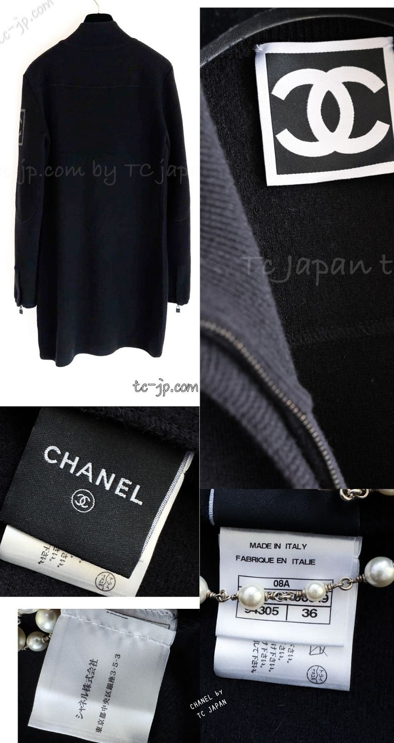 CHANEL 08A Black Wool Sport Knit CC Logo Zipper Coat Cardigan 36 シャネル ブラック ウール100 大きめ CC ロゴ ニット ロング カーディガン コート 即発