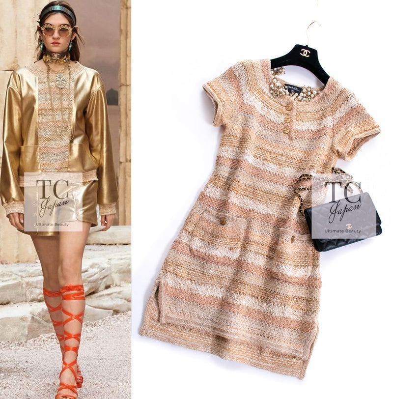 CHANEL 18C Beige Peach Knit Dress 42 シャネル ベージュ ピーチ ニット ワンピース 即発
