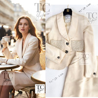 CHANEL 90S Vintage Ivory Cream Pearl Pocket Silk Skirt Jacket Suit 38 シャネル ヴィンテージ アイボリー クリーム パールいっぱい シルク スカート ジャケット スーツ 即発