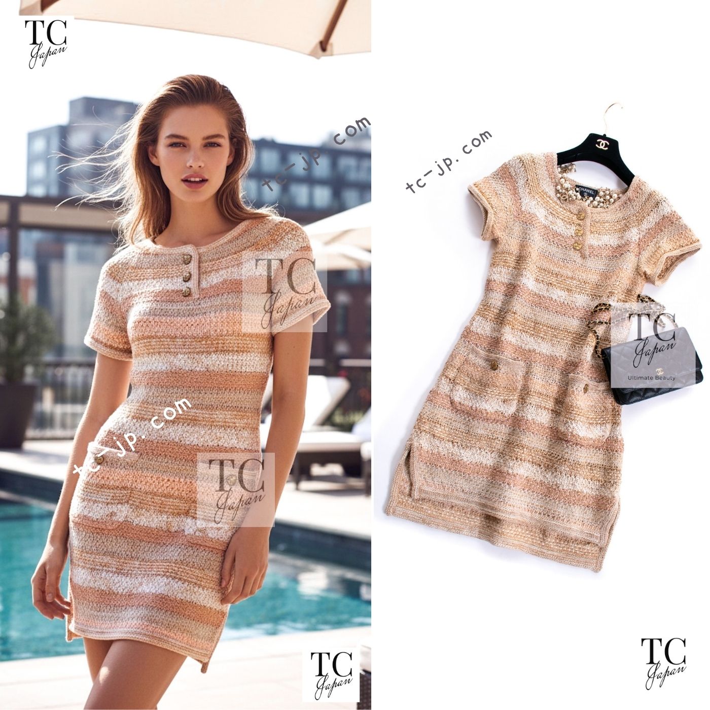 CHANEL 18C Beige Peach Knit Dress 42 シャネル ベージュ ピーチ ニット ワンピース 即発