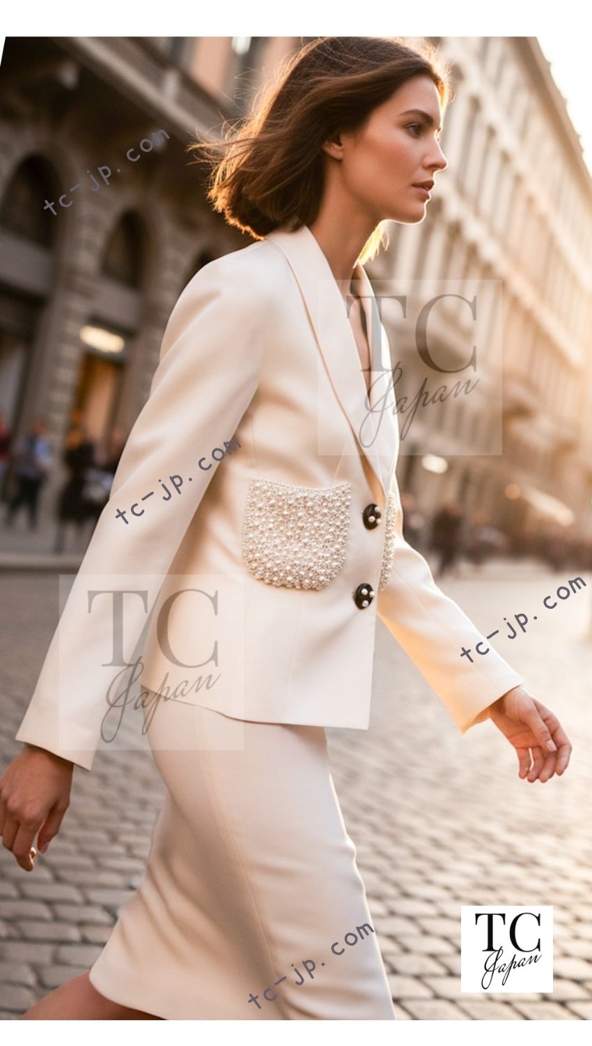 CHANEL 90S Vintage Ivory Cream Pearl Pocket Silk Skirt Jacket Suit 38 シャネル ヴィンテージ アイボリー クリーム パールいっぱい シルク スカート ジャケット スーツ 即発 - TC JAPAN
