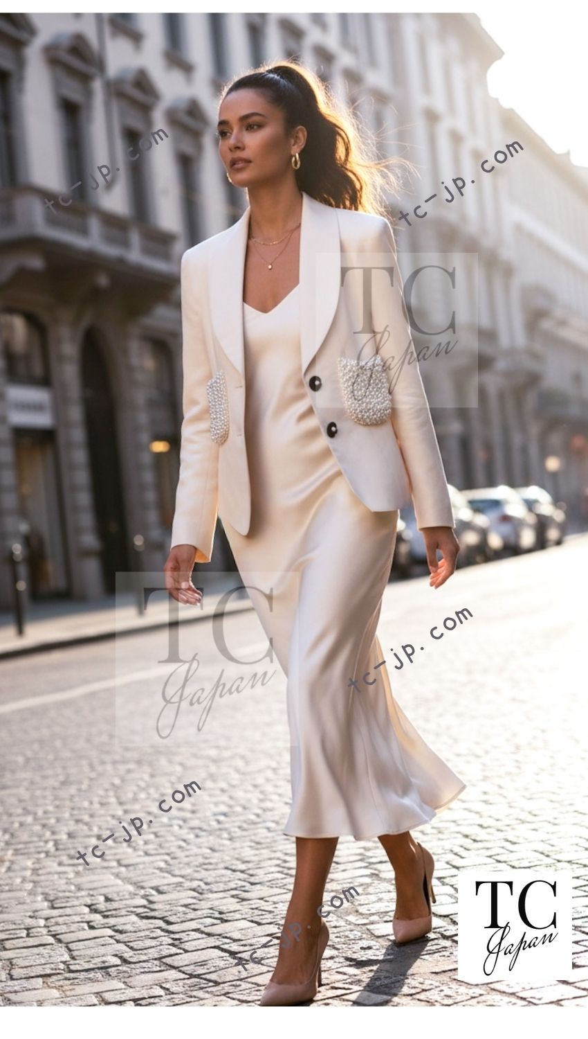 CHANEL 90S Vintage Ivory Cream Pearl Pocket Silk Skirt Jacket Suit 38 シャネル ヴィンテージ アイボリー クリーム パールいっぱい シルク スカート ジャケット スーツ 即発 - TC JAPAN