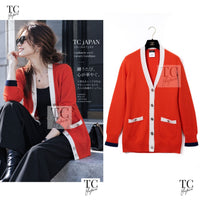 シャネル カーディガン CHANEL 15C オレンジ レッド アイボリー ネイビー カシミヤ 100% バイカラー 36 38