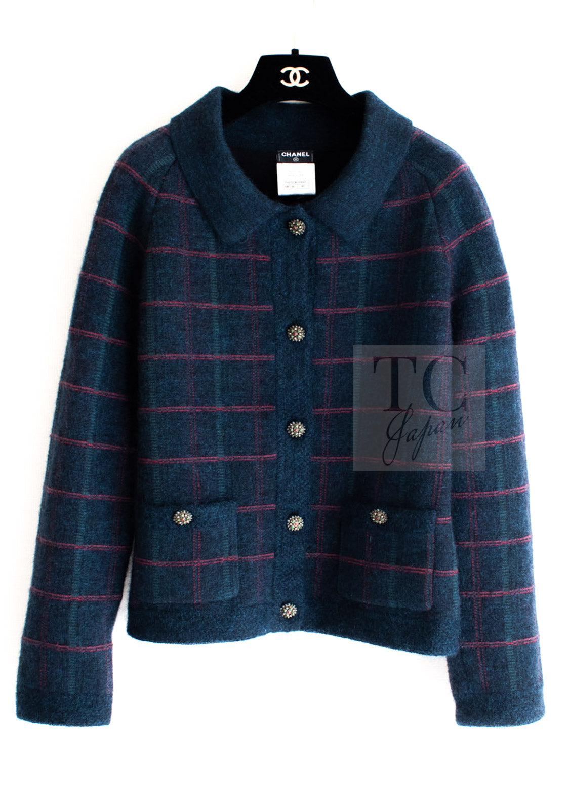 CHANEL 13PF Navy Check Wool Cashmere Mohair Knit Cardigan 36 シャネル ネイビー チェック柄 ウール カシミア モヘア ニット カーディガン 即発